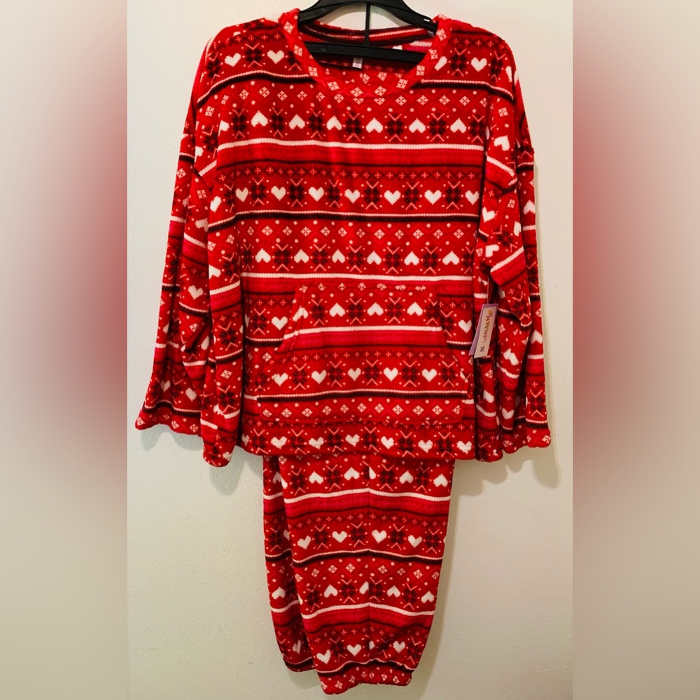 Woman’s 2pc Pj Set Red Hearts Plush Kangaroo Pocket Sz 3X (22W-24W) Joyspun